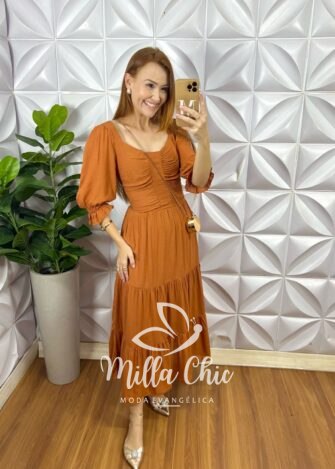 Vestido Midian Viscose Devorê - Marrom - Milla Chic