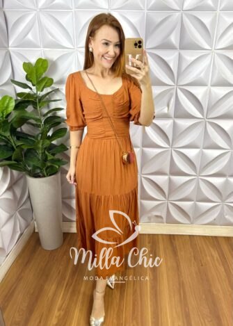 Vestido Midian Viscose Devorê - Marrom - Milla Chic