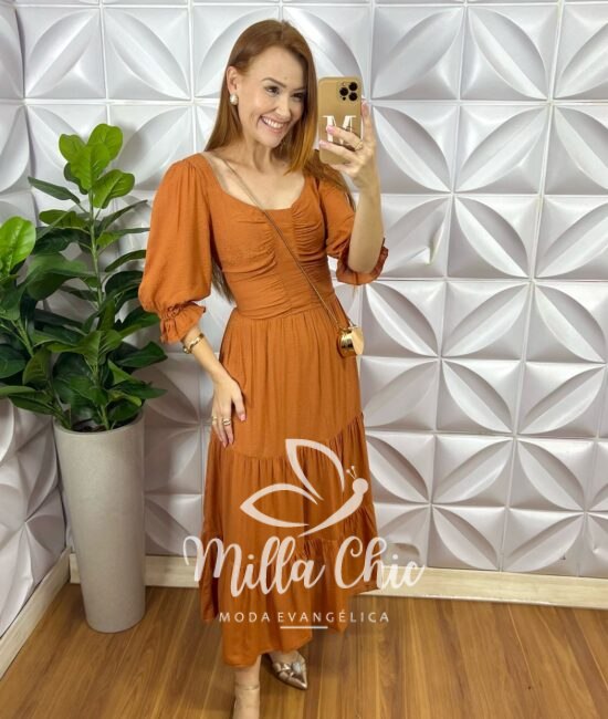 Vestido Midian Viscose Devorê - Marrom - Milla Chic