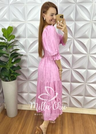 Milla Chic - millachic com br vestido midian viscose devore rosa 1 Vestido Midian Viscose Devorê - Rosa - Milla Chic