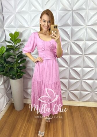 Milla Chic - millachic com br vestido midian viscose devore rosa 2 Vestido Midian Viscose Devorê - Rosa - Milla Chic