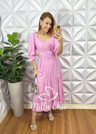 Milla Chic - millachic com br vestido midian viscose devore rosa Vestido Midian Viscose Devorê - Rosa - Milla Chic