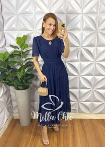 Vestido Ninive Em Chiffon - Azul Marinho - Milla Chic