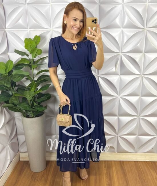 Vestido Ninive Em Chiffon - Azul Marinho - Milla Chic