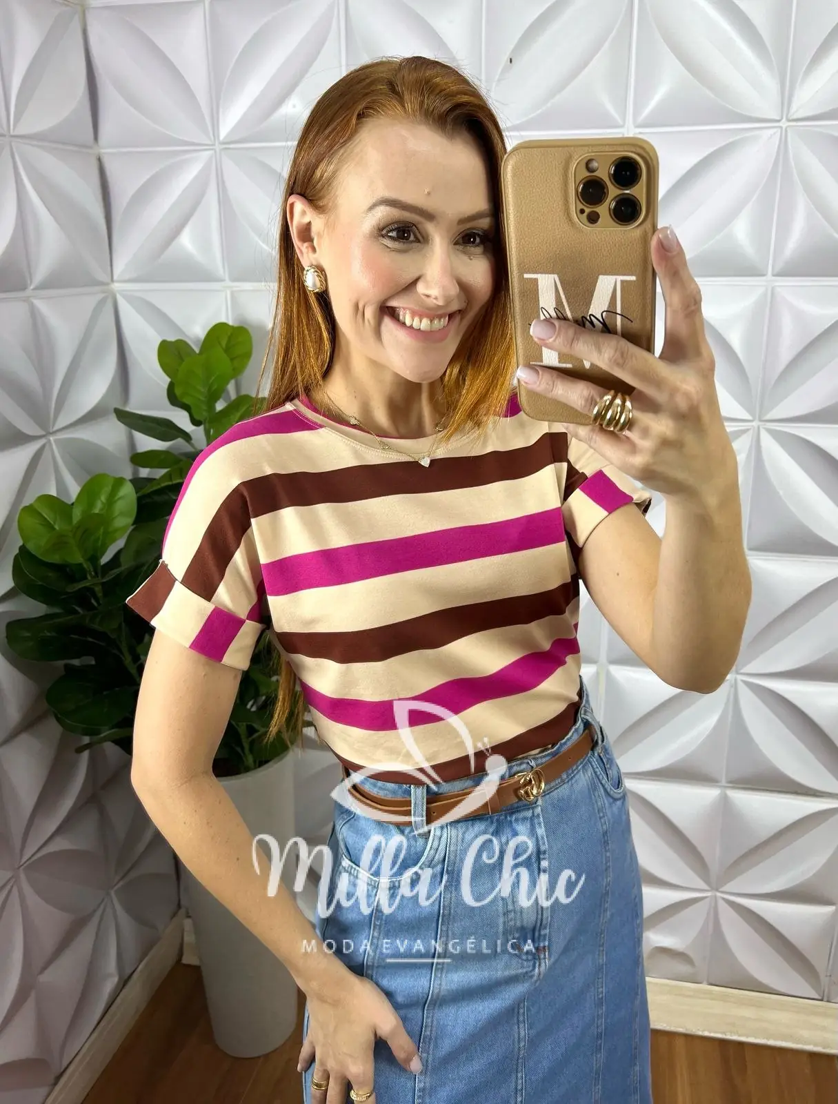 Tshirt Galles Listrada Com Manga – Marrom e Rosa – Milla Chic Tshirt Galles Listrada Com Manga - Marrom e Rosa - Milla Chic