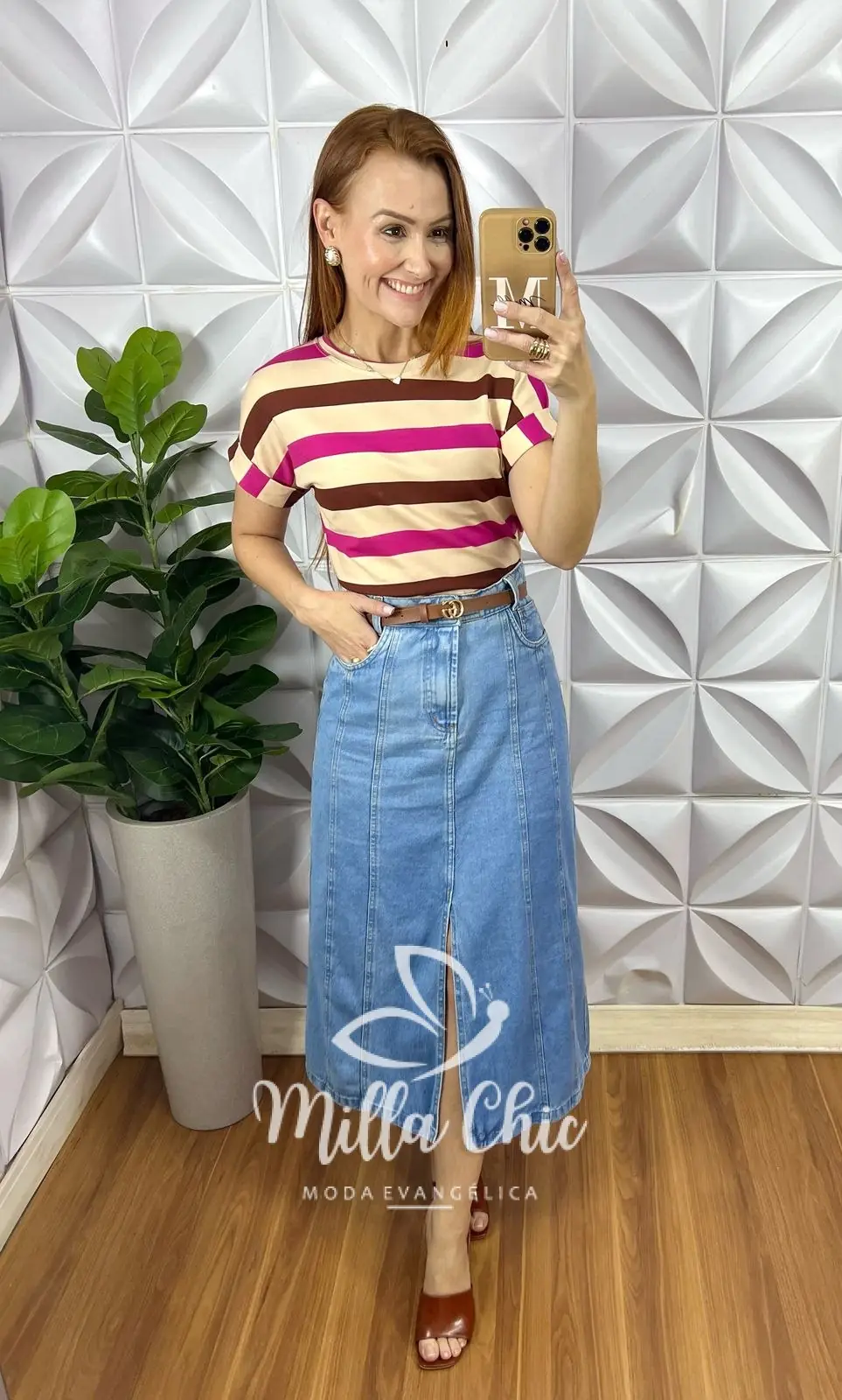 Tshirt Galles Listrada Com Manga – Marrom e Rosa – Milla Chic Tshirt Galles Listrada Com Manga - Marrom e Rosa - Milla Chic