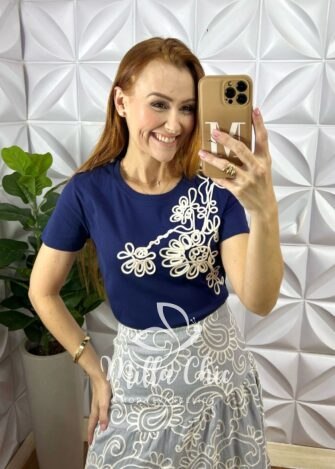 Blusa Filipinas Bordado Em Cordone - Azul Marinho - Milla Chic