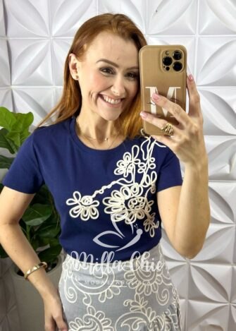 Blusa Filipinas Bordado Em Cordone - Azul Marinho - Milla Chic