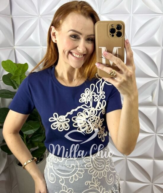 Blusa Filipinas Bordado Em Cordone - Azul Marinho - Milla Chic