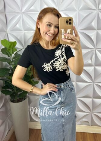 Blusa Filipinas Bordado Em Cordone - Preta - Milla Chic