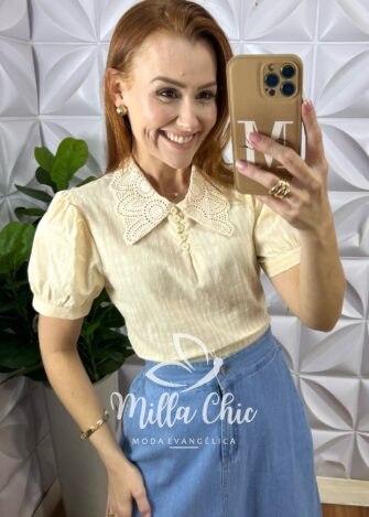 Milla Chic - millachic com br blusa gigi lesie com gola em guipper verde copia 1 Blusa Gigi Lesie Com Gola Em Guipper - Areia - Milla Chic