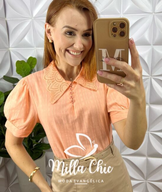 Blusa Gigi Lesie Com Gola Em Guipper - Laranja - Milla Chic