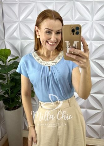 Blusa Joaquina Em Cambraia Algodão - Azul - Milla Chic