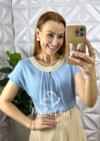 Blusa Joaquina Em Cambraia Algodão - Azul - Milla Chic