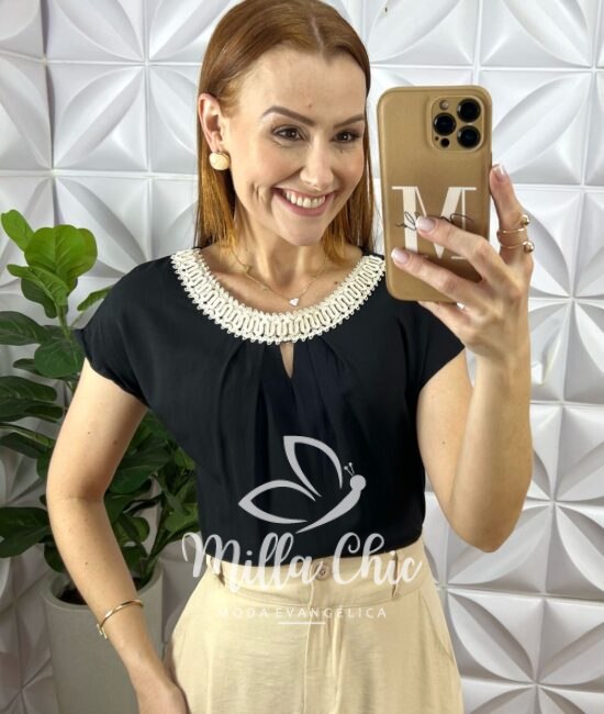 Blusa Joaquina Em Cambraia Algodão - Preta - Milla Chic