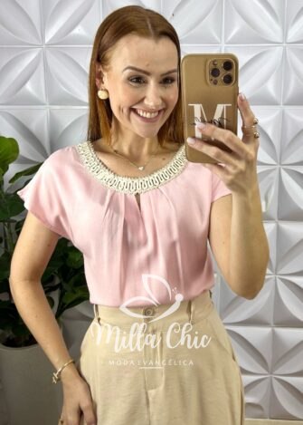Blusa Joaquina Em Cambraia Algodão - Rosa - Milla Chic