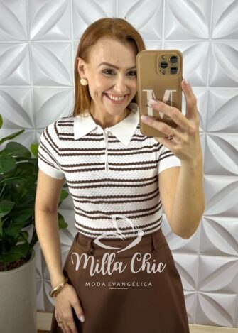 Milla Chic - millachic com br blusa lauren tricot modal marrom e branca 2 Blusa Lauren Tricot Modal - Marrom e Branca - Milla Chic