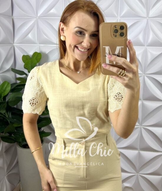 Blusa Marrocos Em Linho Com Manga - Areia - Milla Chic