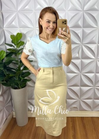 Blusa Marrocos Em Linho Com Manga - Azul - Milla Chic