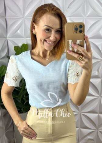 Blusa Marrocos Em Linho Com Manga - Azul - Milla Chic