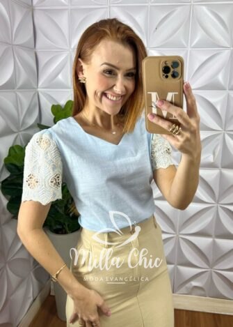 Blusa Marrocos Em Linho Com Manga - Azul - Milla Chic