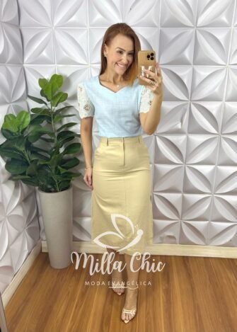Blusa Marrocos Em Linho Com Manga - Azul - Milla Chic