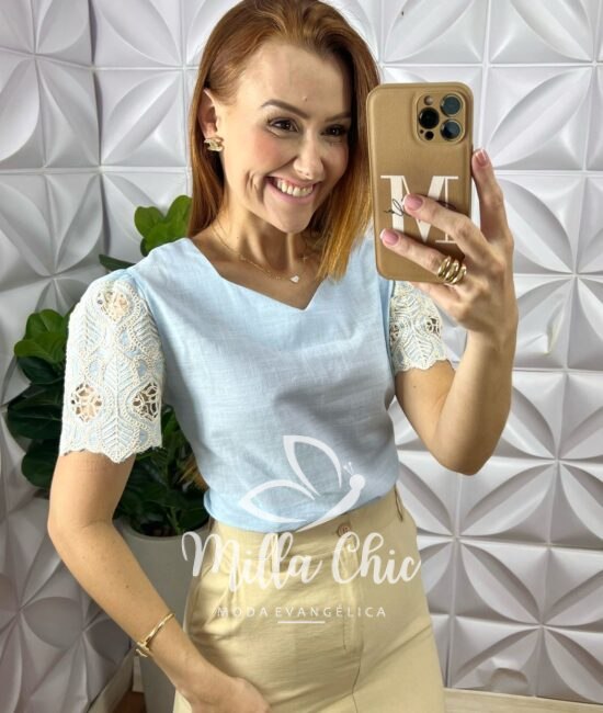 Blusa Marrocos Em Linho Com Manga - Azul - Milla Chic