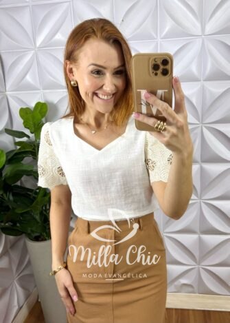 Blusa Marrocos Em Linho Com Manga - Branca - Milla Chic