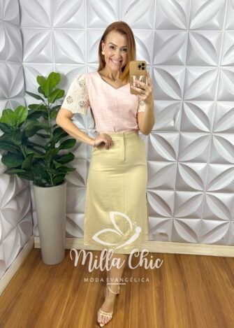 Blusa Marrocos Em Linho Com Manga - Rosa - Milla Chic