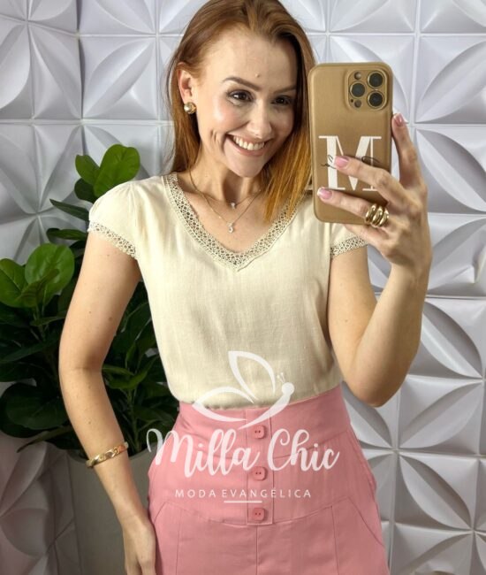 Blusa Mônica Cambraia Linho - Nude - Milla Chic