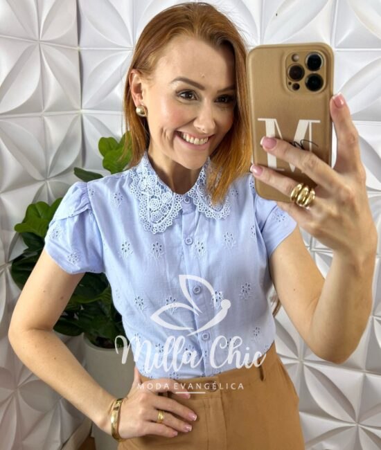 Camisa Betina Em Lesie Algodão Bordado - Azul - Milla Chic