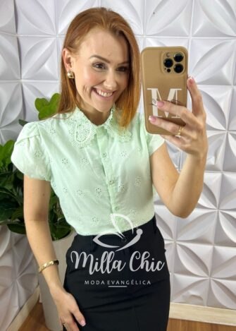 Milla Chic - millachic com br camisa betina em lesie algodao bordado verde 1 Camisa Betina Em Lesie Algodão Bordado - Verde - Milla Chic