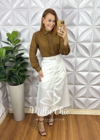 Camisa Brigida Linho Com Algodão E Guipper - Marrom - Milla Chic