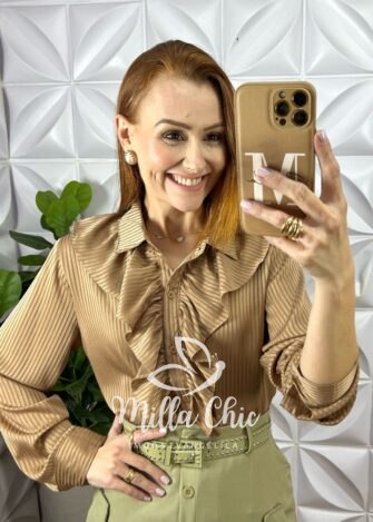 Camisa Natasha Em Cetim - Marrom - Milla Chic