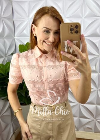 Camisa Tunísia Em Tule Bordado - Rosa - Milla Chic