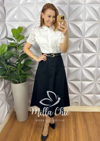 Camisa Tunísia Em Tule Bordado - Branca - Milla Chic