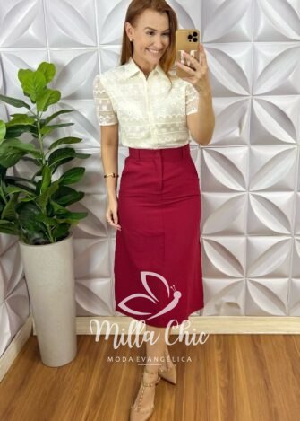 Camisa Tunísia Em Tule Bordado - Manteiga - Milla Chic