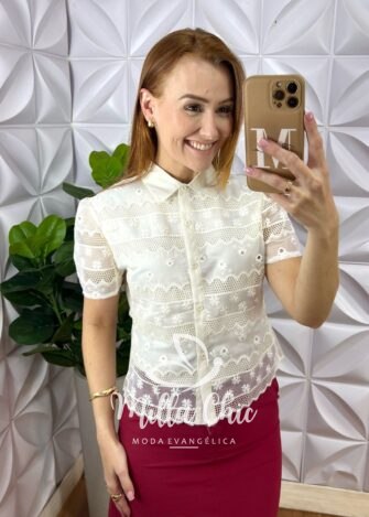 Camisa Tunísia Em Tule Bordado - Manteiga - Milla Chic
