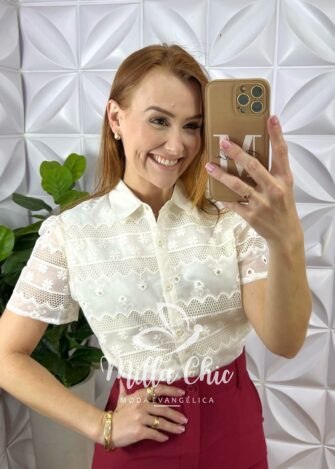 Camisa Tunísia Em Tule Bordado - Manteiga - Milla Chic