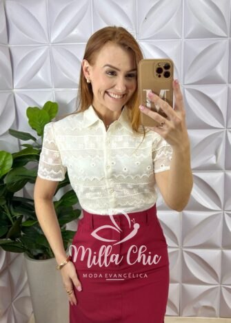 Camisa Tunísia Em Tule Bordado - Manteiga - Milla Chic