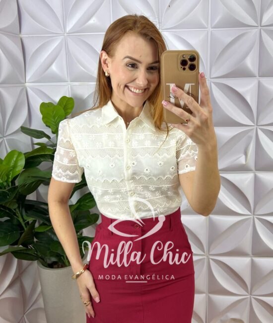 Camisa Tunísia Em Tule Bordado - Manteiga - Milla Chic