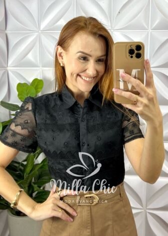 Camisa Tunísia Em Tule Bordado - Preta - Milla Chic