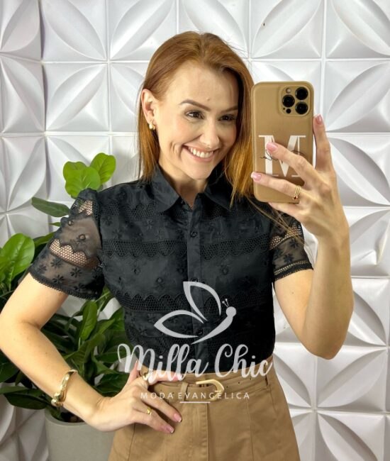 Camisa Tunísia Em Tule Bordado - Preta - Milla Chic