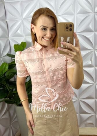 Camisa Tunísia Em Tule Bordado - Rosa - Milla Chic