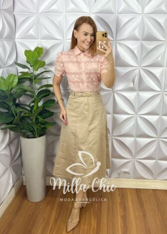 Camisa Tunísia Em Tule Bordado - Rosa - Milla Chic