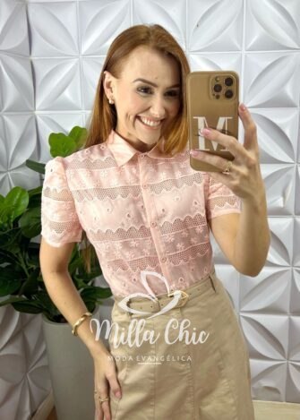 Camisa Tunísia Em Tule Bordado - Rosa - Milla Chic
