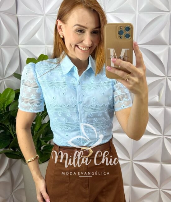 Camisa Tunísia Em Tule Bordado - Azul - Milla Chic