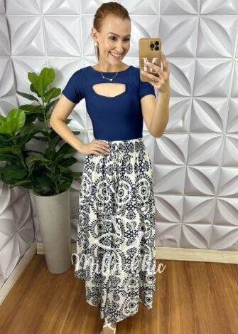 Saia Amabille Em Viscolinho Com Poliamida - Azul - Milla Chic