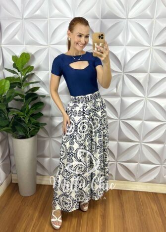Saia Amabille Em Viscolinho Com Poliamida - Azul - Milla Chic