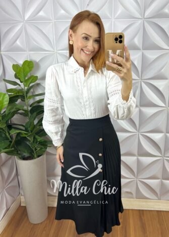 Saia Apolónia Em Alfaiataria Plissada - Preta - Milla Chic